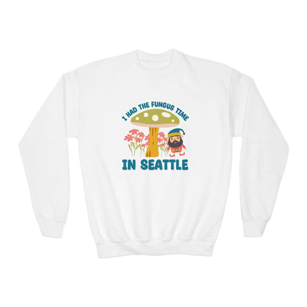 Kids sweatshirt featuring gnome and mushroom design celebrating Seattle's fun, magical spirit.