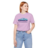 Model wearing I Have a Taste for Fine Imports tee featuring 80s Merkur XR4TI in a stylish purple design.