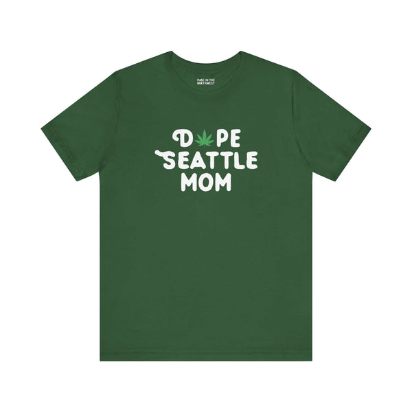 Dope Seattle Mom premium soft tee with green marijuana leaf design, perfect for cool moms in Washington.