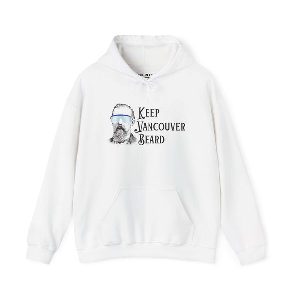 White Keep Vancouver Beard hoodie featuring a vintage bearded icon, perfect for adventures and casual outings.
