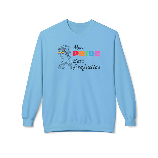 More Pride Less Prejudice sweatshirt featuring a vintage design with rainbow sunglasses on a blue crewneck.