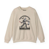 Beige sweatshirt with 'Skelesquatch: Legends Never Die' graphic featuring a skeleton Bigfoot with a bloody knife.