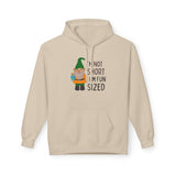 I'm not short I'm fun sized hoodie featuring a cute gnome design with a festive background.