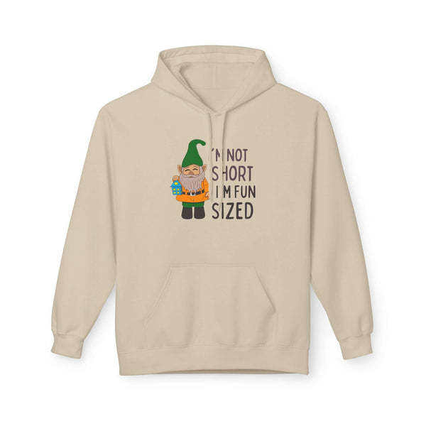 I'm not short I'm fun sized hoodie featuring a cute gnome design with a festive background.