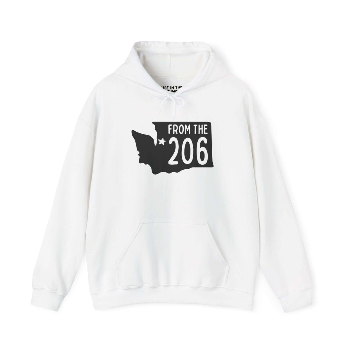 White hoodie featuring Washington state outline with 'FROM THE 206' and a star marking Seattle.