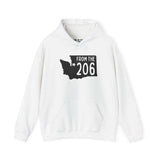 White hoodie featuring Washington state outline with 'FROM THE 206' and a star marking Seattle.