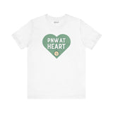 White t-shirt with green heart design featuring 