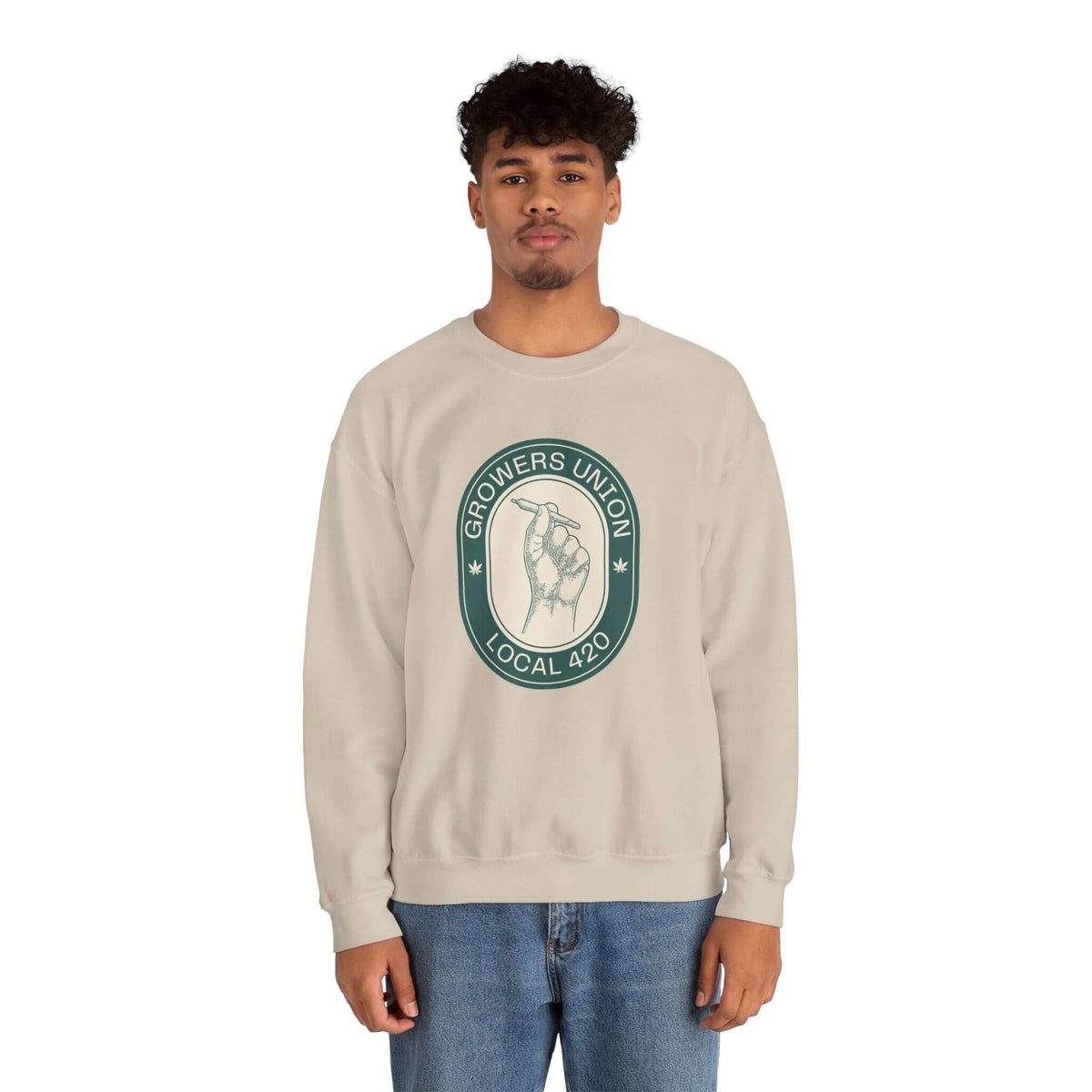 Model wearing Grower's Union Local 420 sweatshirt with hand holding joint graphic, perfect for 420 culture enthusiasts.