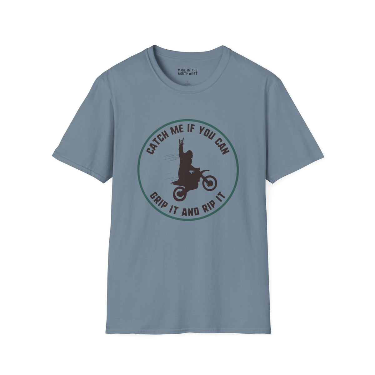 Trying to Catch Bigfoot motocross softstyle t-shirt featuring Sasquatch on a bike saying 'Catch Me If You Can'.
