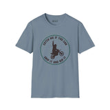 Trying to Catch Bigfoot motocross softstyle t-shirt featuring Sasquatch on a bike saying 'Catch Me If You Can'.