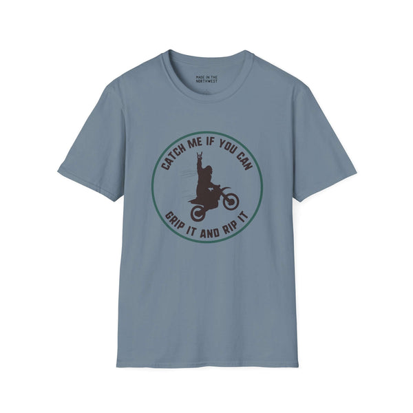 Trying to Catch Bigfoot motocross softstyle t-shirt featuring Sasquatch on a bike saying 'Catch Me If You Can'.