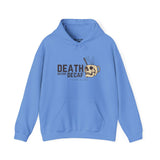 Death Before Decaf hoodie featuring a skull-shaped coffee mug design in blue, perfect for coffee lovers.