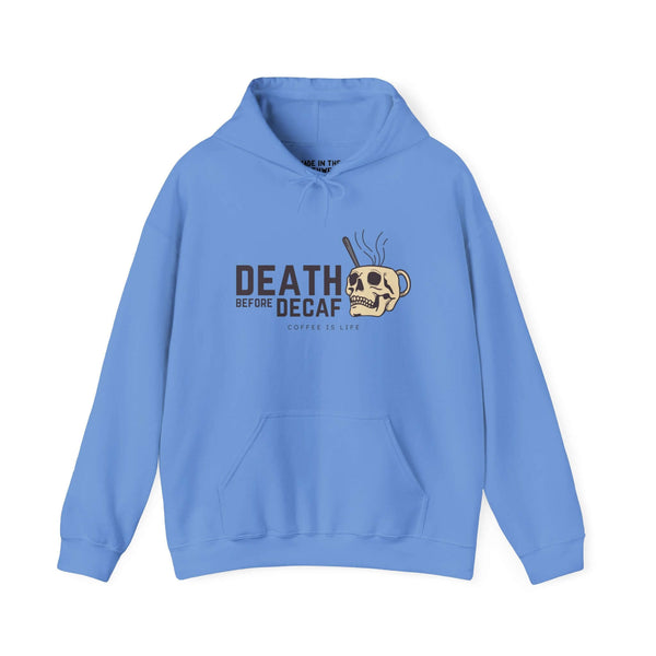 Death Before Decaf hoodie featuring a skull-shaped coffee mug design in blue, perfect for coffee lovers.