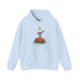 Light blue hoodie featuring a playful gnome with an axe on a stump, inspired by the line 'Say hello to my little friend.'