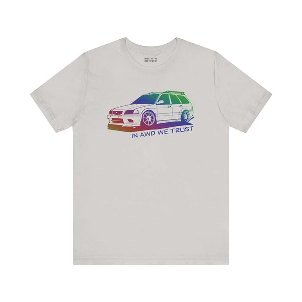 In AWD We Trust tee featuring a slammed Subaru WRX wagon on a light background, perfect for car enthusiasts.