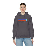 Model wearing a dark gray Too Gay To Think Straight hoodie with rainbow paint roller design, celebrating Pride.