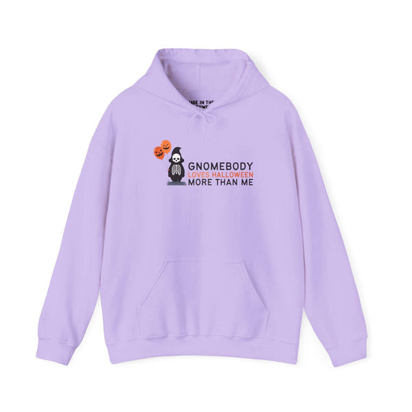 Gnomebody Loves Halloween More Than Me hoodie featuring a skeleton gnome with Halloween balloons, perfect for festive fun.