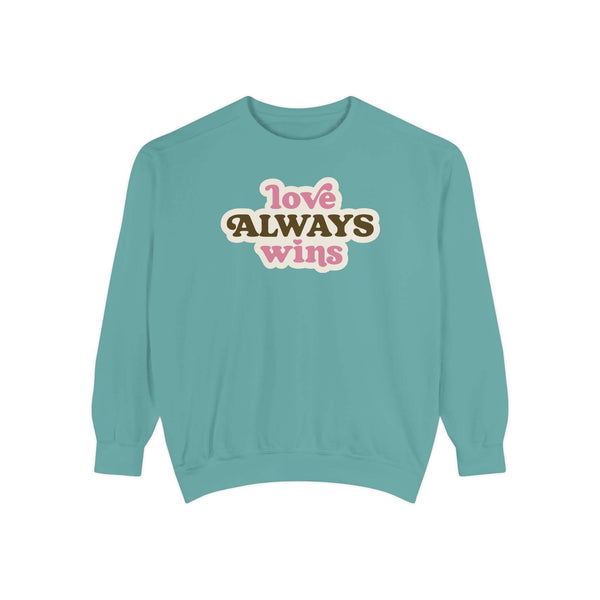 love always wins sweatshirt in light blue with colorful lettering design