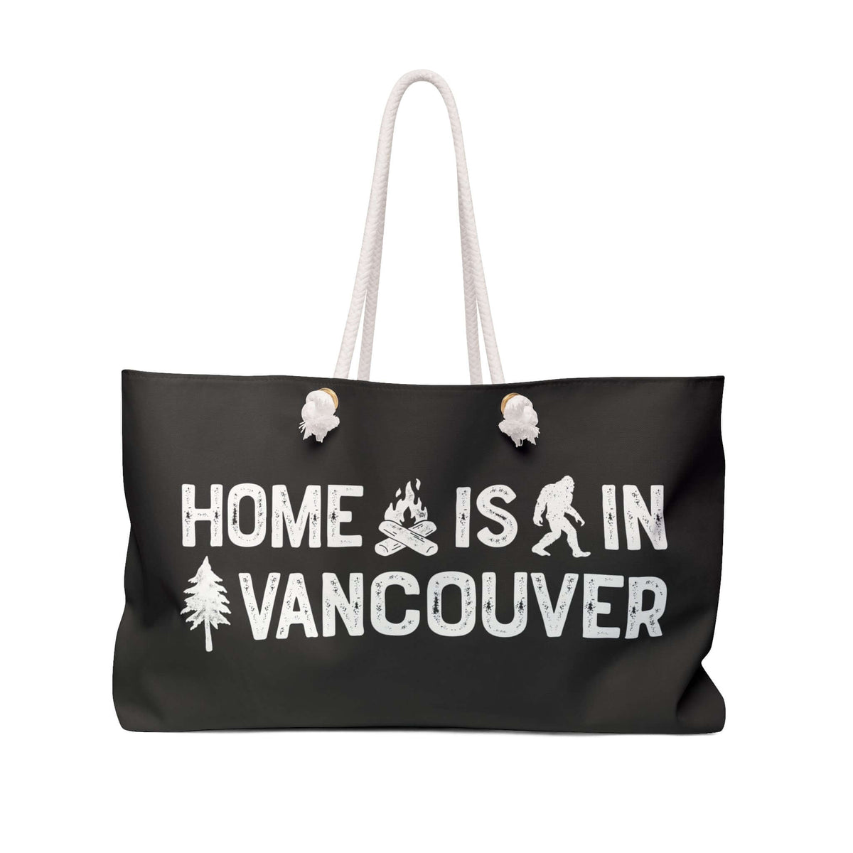Home is in Vancouver Weekender Bag with signature design featuring campfire, sasquatch, and tree.