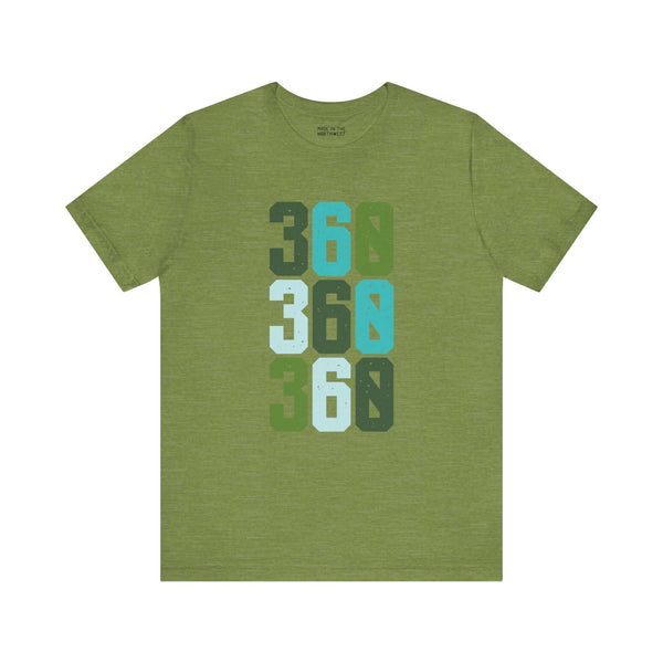 Green tee with "360" in three colorful rows, celebrating Pacific Northwest pride. Perfect for those who love PNW vibes and style.