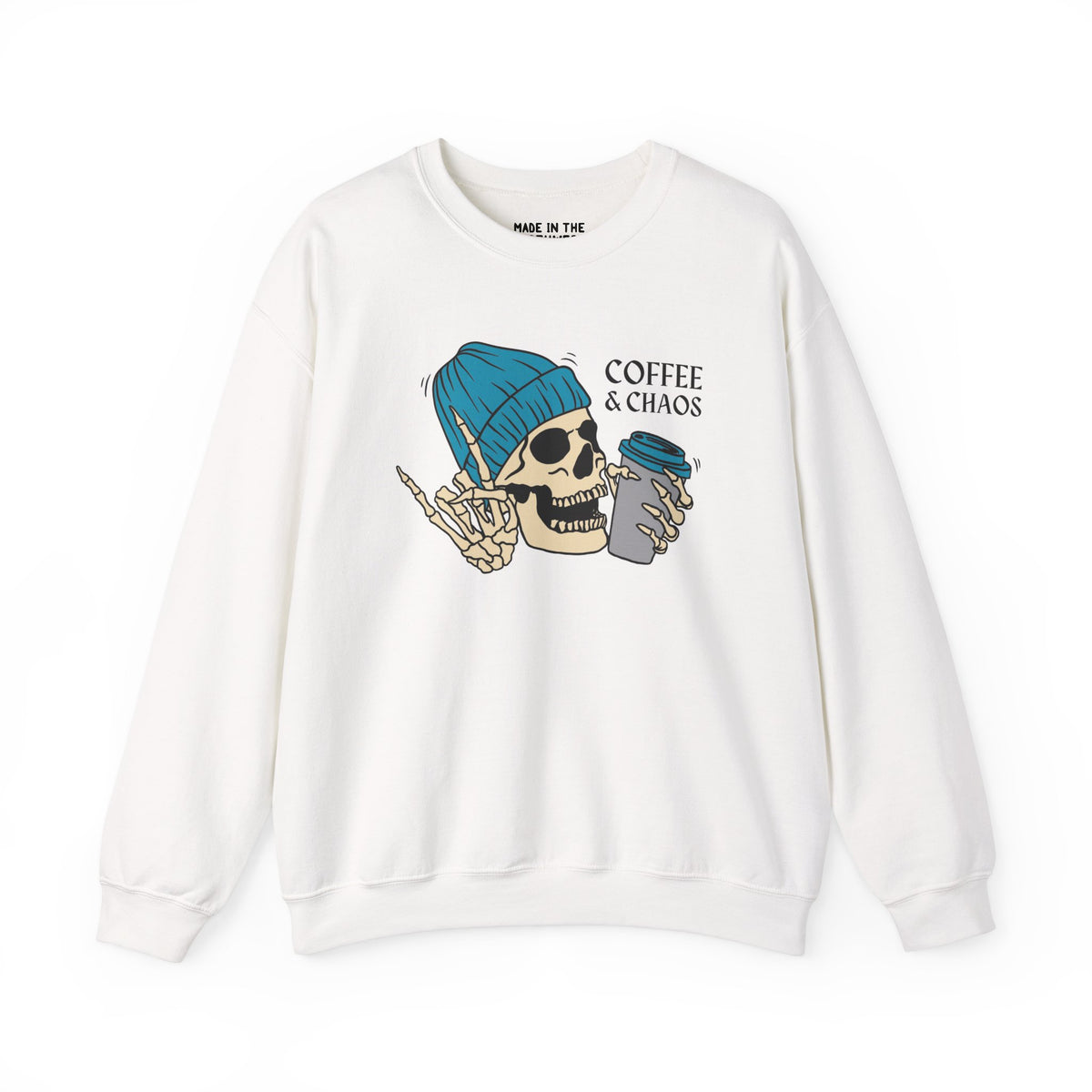 Coffee & Chaos skeleton sweatshirt with graphic design, perfect for rebellious coffee lovers.