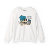 Coffee & Chaos skeleton sweatshirt with graphic design, perfect for rebellious coffee lovers.