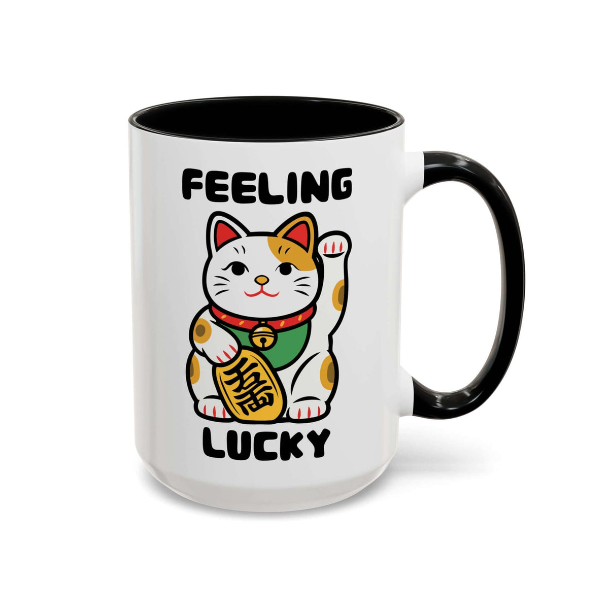 Feeling Lucky Cat Mug - Cute Maneki-Neko Illustration with a cheerful design and a black handle.
