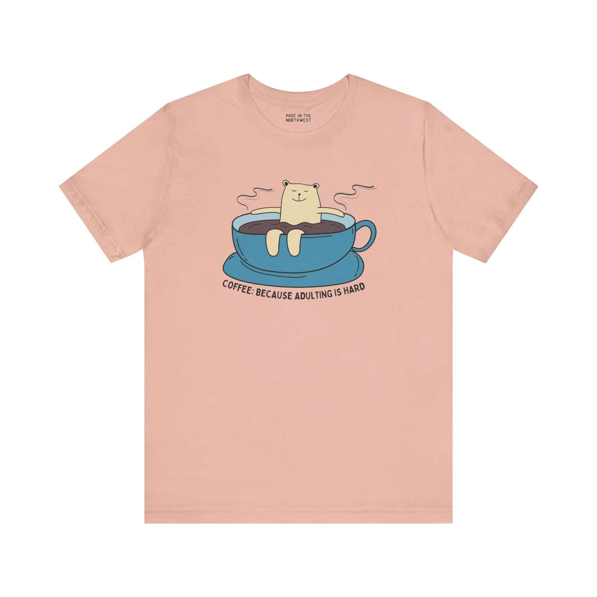 Coffee Because Adulting is Hard tee featuring a cute cat in a coffee cup design, perfect for coffee lovers.