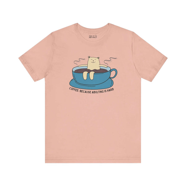 Coffee Because Adulting is Hard tee featuring a cute cat in a coffee cup design, perfect for coffee lovers.