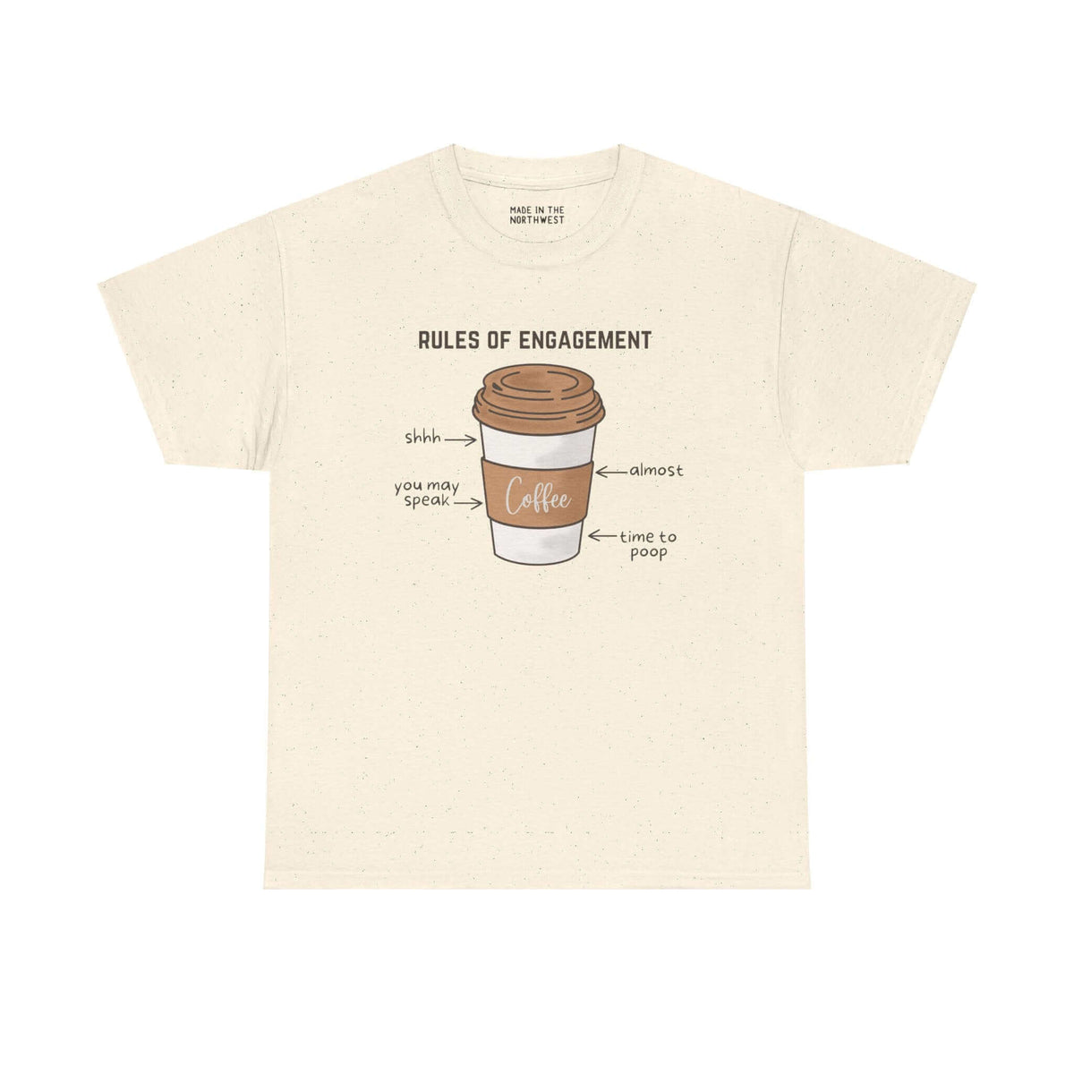 Coffee Edition Athletic Tee with a coffee cup graphic outlining morning ritual steps, titled "Rules of Engagement."