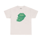 Tongue Tied and Lifted athletic tee featuring green tongue with marijuana leaves on a light shirt.