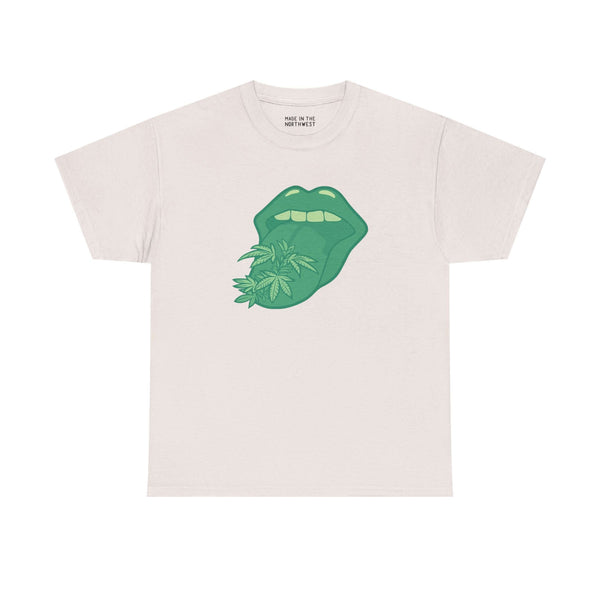 Tongue Tied and Lifted athletic tee featuring green tongue with marijuana leaves on a light shirt.