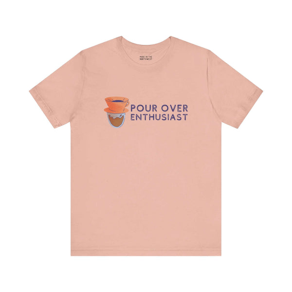 Pink unisex t-shirt featuring 'Pour Over Enthusiast' coffee graphic, perfect for coffee lovers and home baristas.