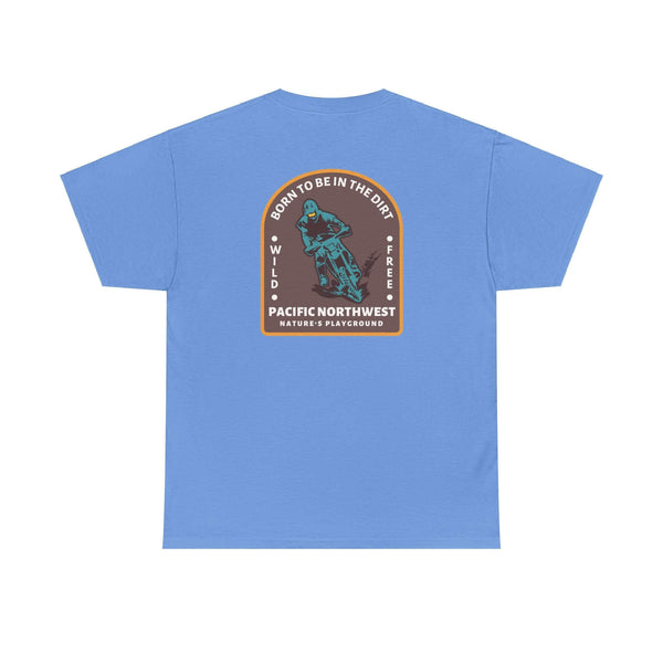 Blue "Born to Be in the Dirt" athletic tee featuring outdoor adventure graphic, perfect for nature enthusiasts and trail explorers.