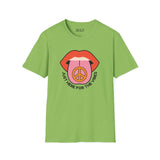 I'm Just Here for the Vibes softstyle t-shirt featuring a playful graphic on a green background.