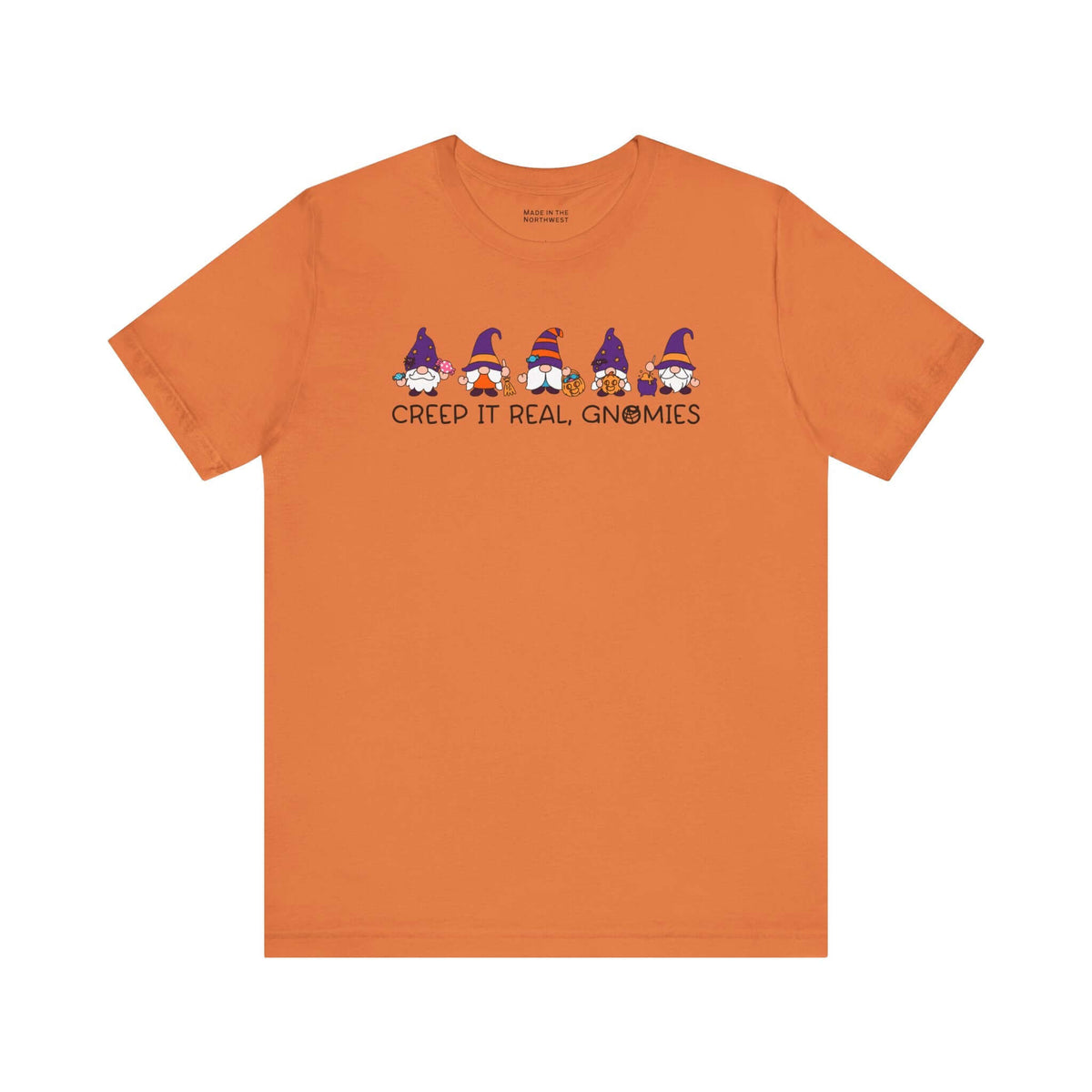 Creep It Real Gnomies Halloween Premium Soft Tee featuring festive gnomes on an orange background.