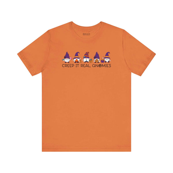 Creep It Real Gnomies Halloween Premium Soft Tee featuring festive gnomes on an orange background.
