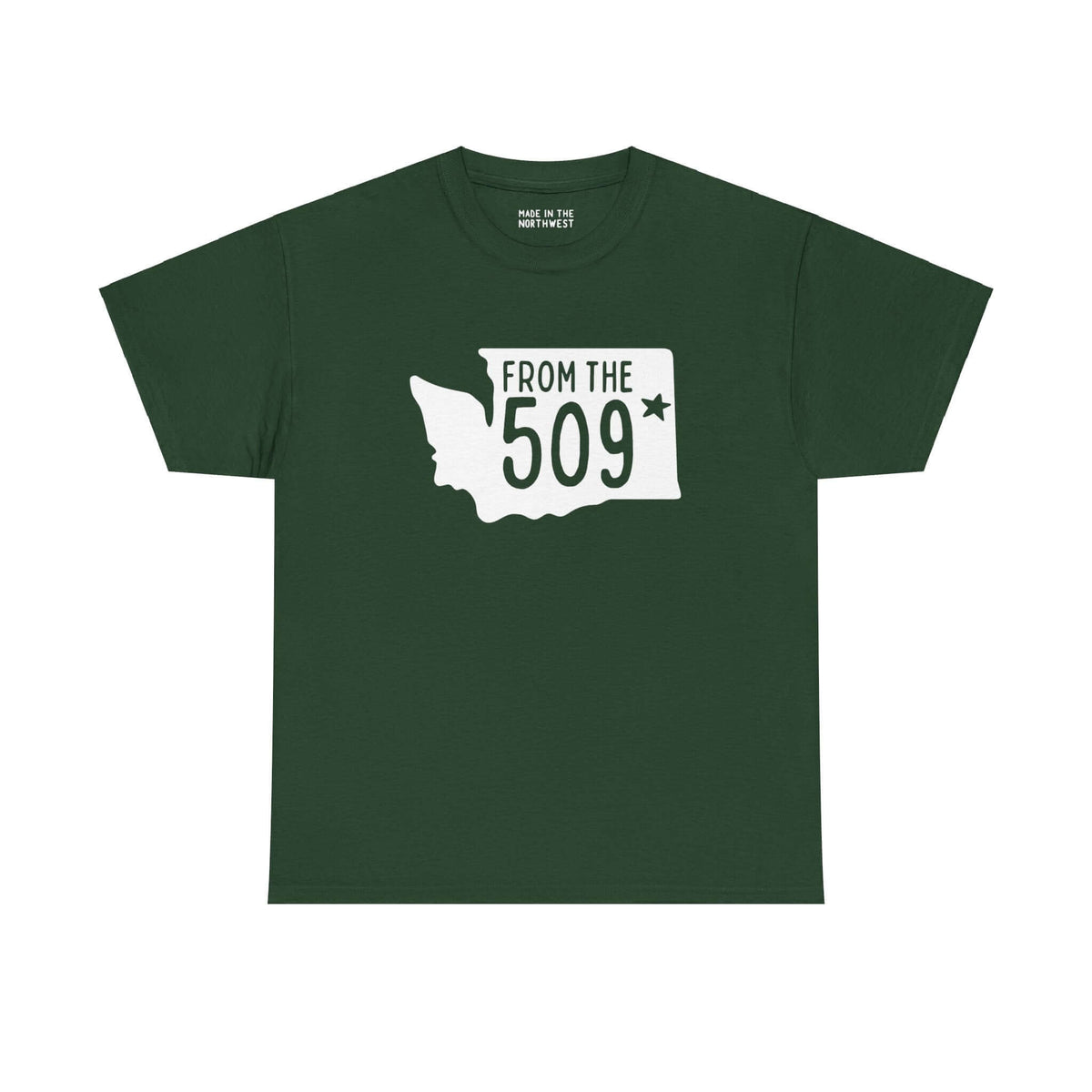 Green "From the 509" tee with Washington state silhouette and Spokane star, perfect for showcasing local pride and area code.