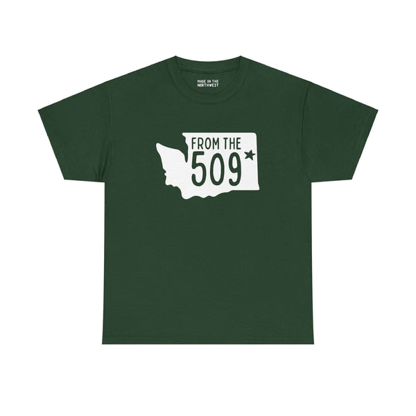 Green "From the 509" tee with Washington state silhouette and Spokane star, perfect for showcasing local pride and area code.