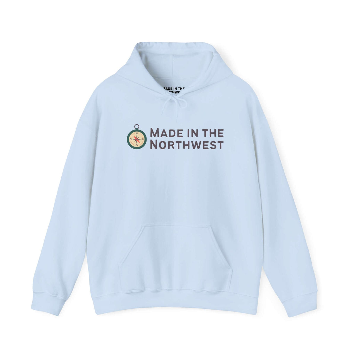 Light blue Made in the Northwest Hoodie featuring a compass logo, perfect for showcasing Pacific Northwest pride.