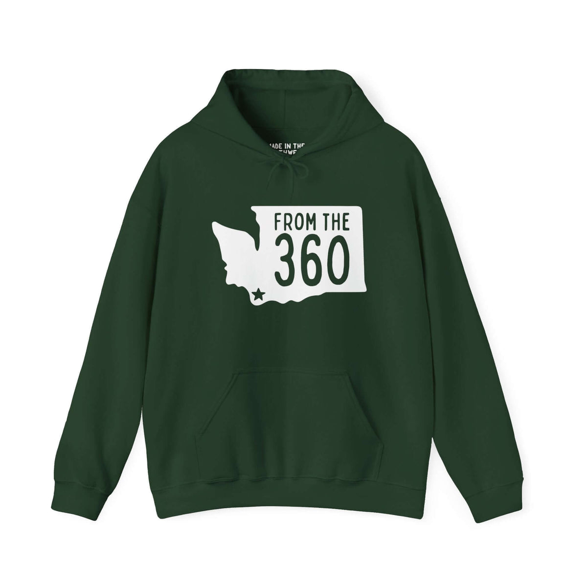 "From the 360 hoodie with Washington state silhouette and Vancouver star marking, green hooded sweatshirt showcasing area code pride."