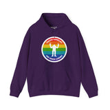 Purple hoodie with rainbow circle and Sasquatch graphic, text reads 