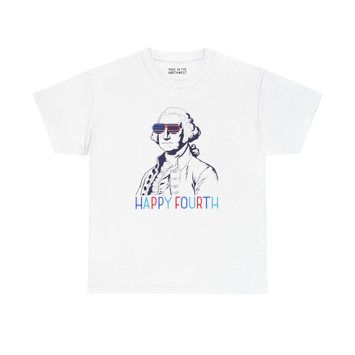 White athletic tee with George Washington in sunglasses and 'Happy Fourth' text, perfect for July 4th celebrations.