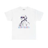 White athletic tee with George Washington in sunglasses and 'Happy Fourth' text, perfect for July 4th celebrations.