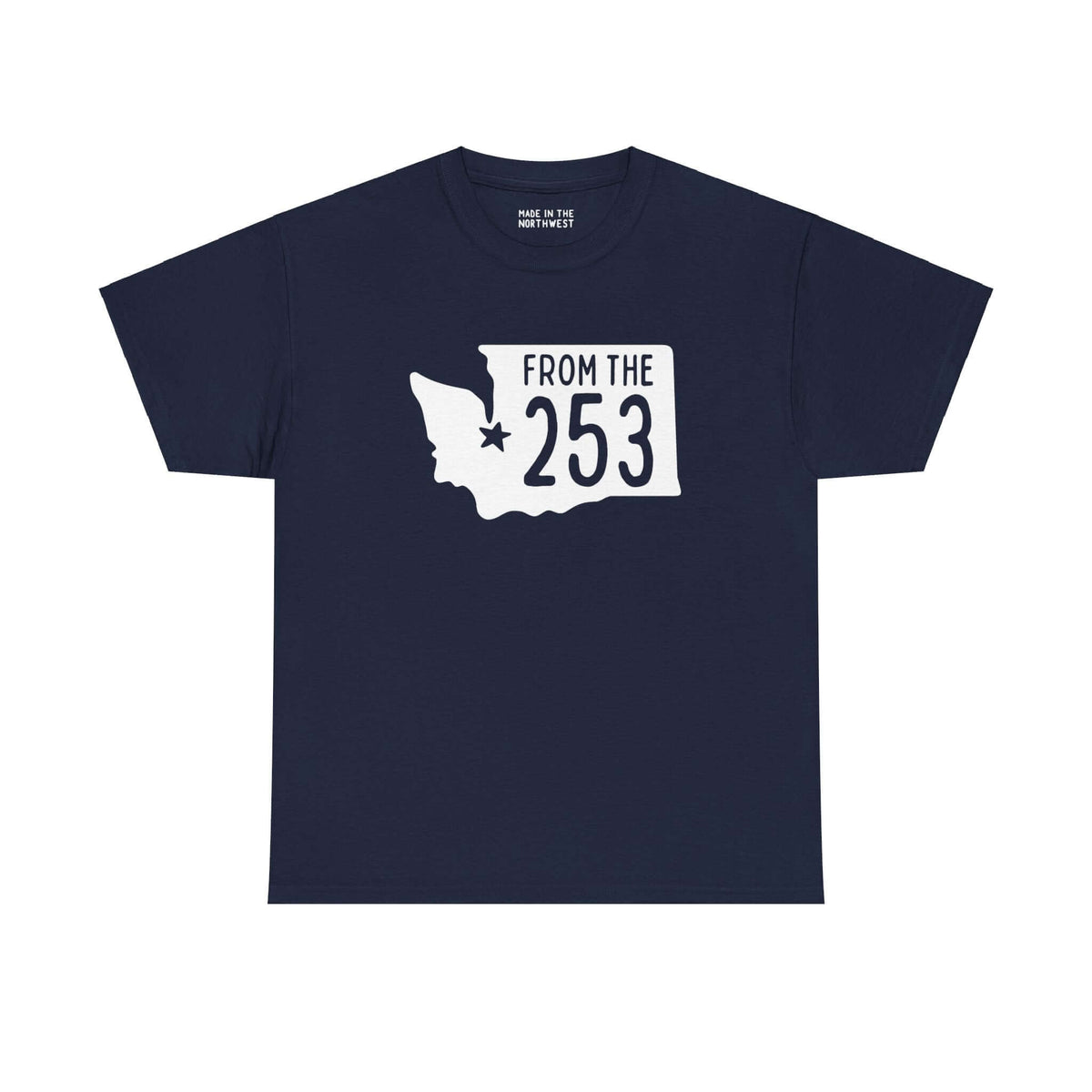 "Navy 'From the 253' tee with Washington state silhouette and Tacoma star, showcasing local pride and area code representation."