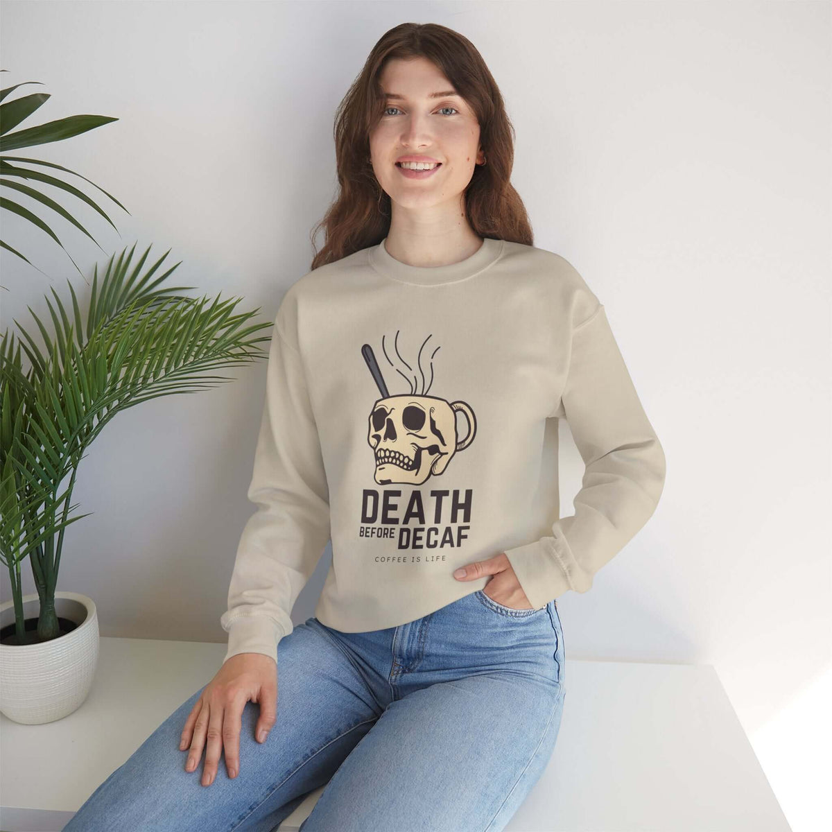 Death Before Decaf Skull Mug Sweatshirt