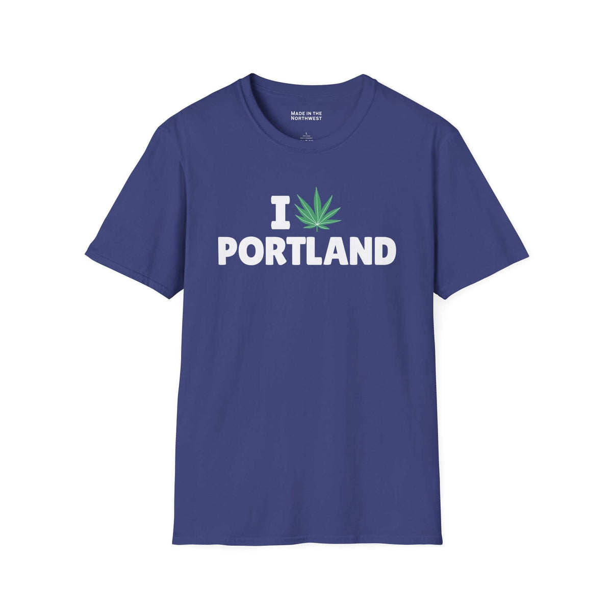I Marijuana Portland T Shirt - blue tee with graphic saying 'I [marijuana leaf] PORTLAND'.