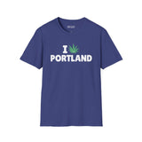 I Marijuana Portland T Shirt - blue tee with graphic saying 'I [marijuana leaf] PORTLAND'.