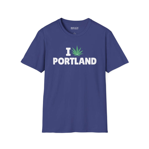 I Marijuana Portland T Shirt - blue tee with graphic saying 'I [marijuana leaf] PORTLAND'.