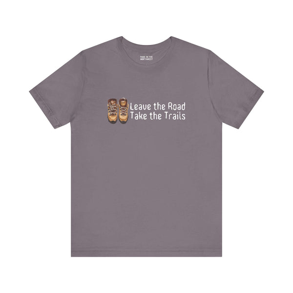 Gray premium soft tee with 'Leave the Road, Take the Trails' design, perfect for outdoor adventures and unisex sizing.